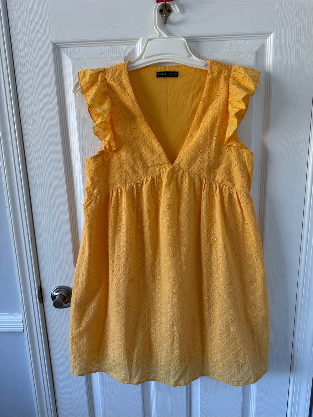 SHEIN Yellow Eyelet V-Neck Ruffle Sleeve Tunic Top